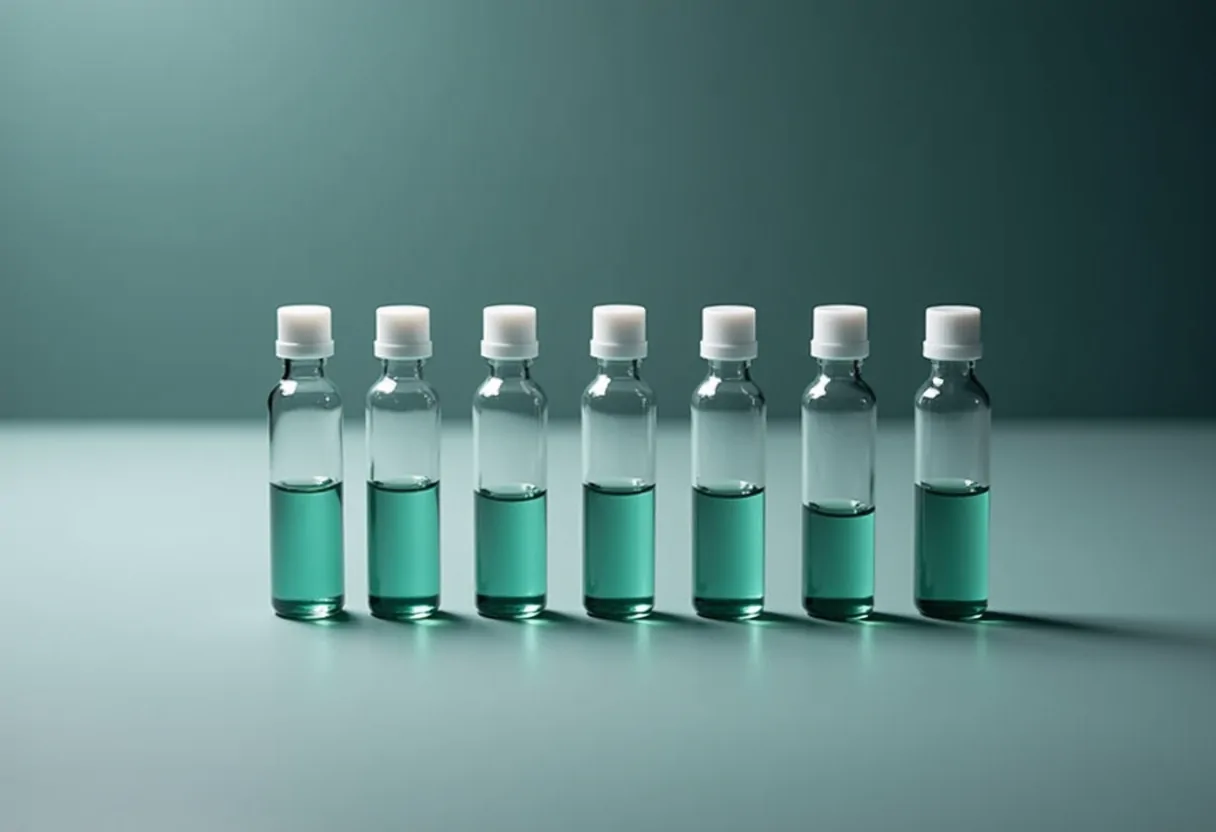 Seven small sealed vials standing in a row on grey