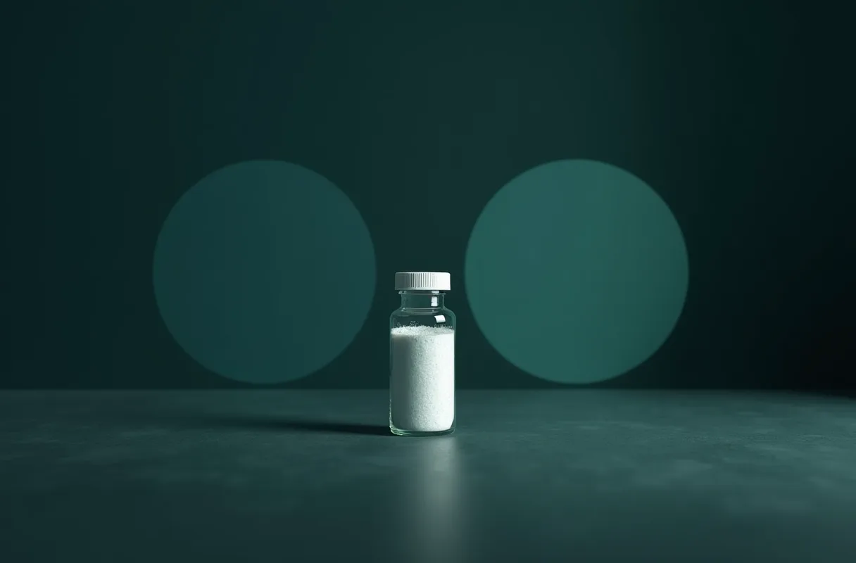 A single sealed vial of white powder on a dark laboratory surface