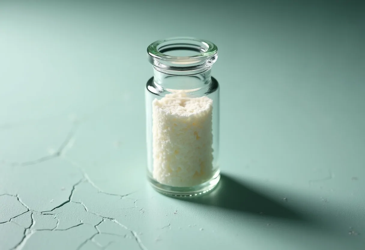 A lyophilised peptide cake in a clear vial on a pale surface