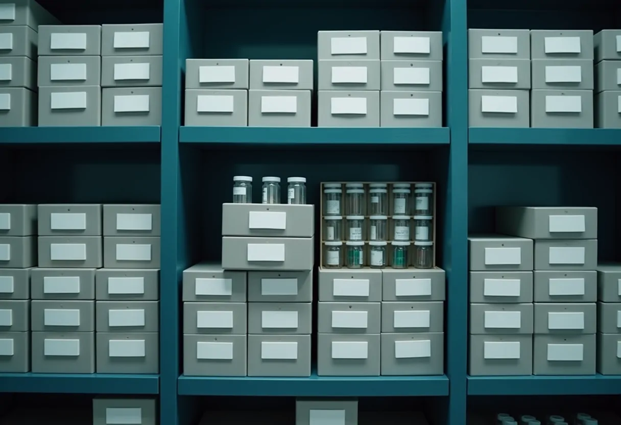An organised inventory shelf of storage boxes and vial racks