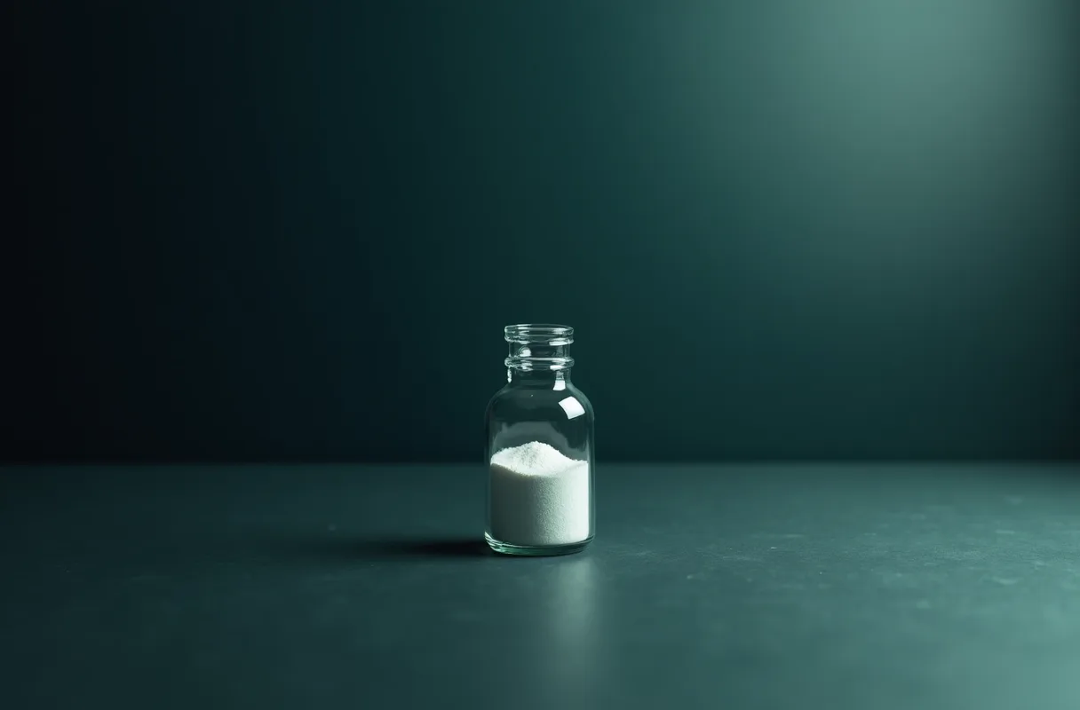 A small sealed vial of white lyophilised powder on a dark surface