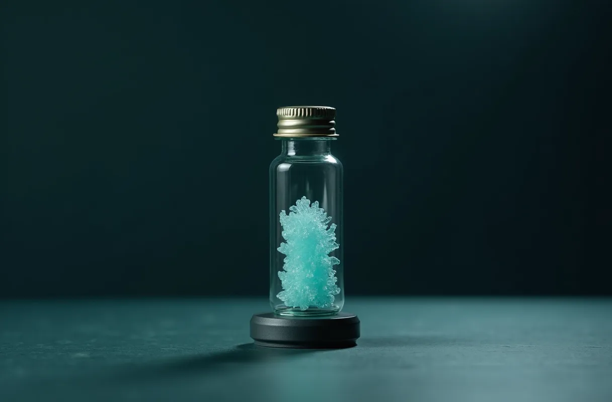A sealed vial containing pale blue solid on a dark laboratory bench