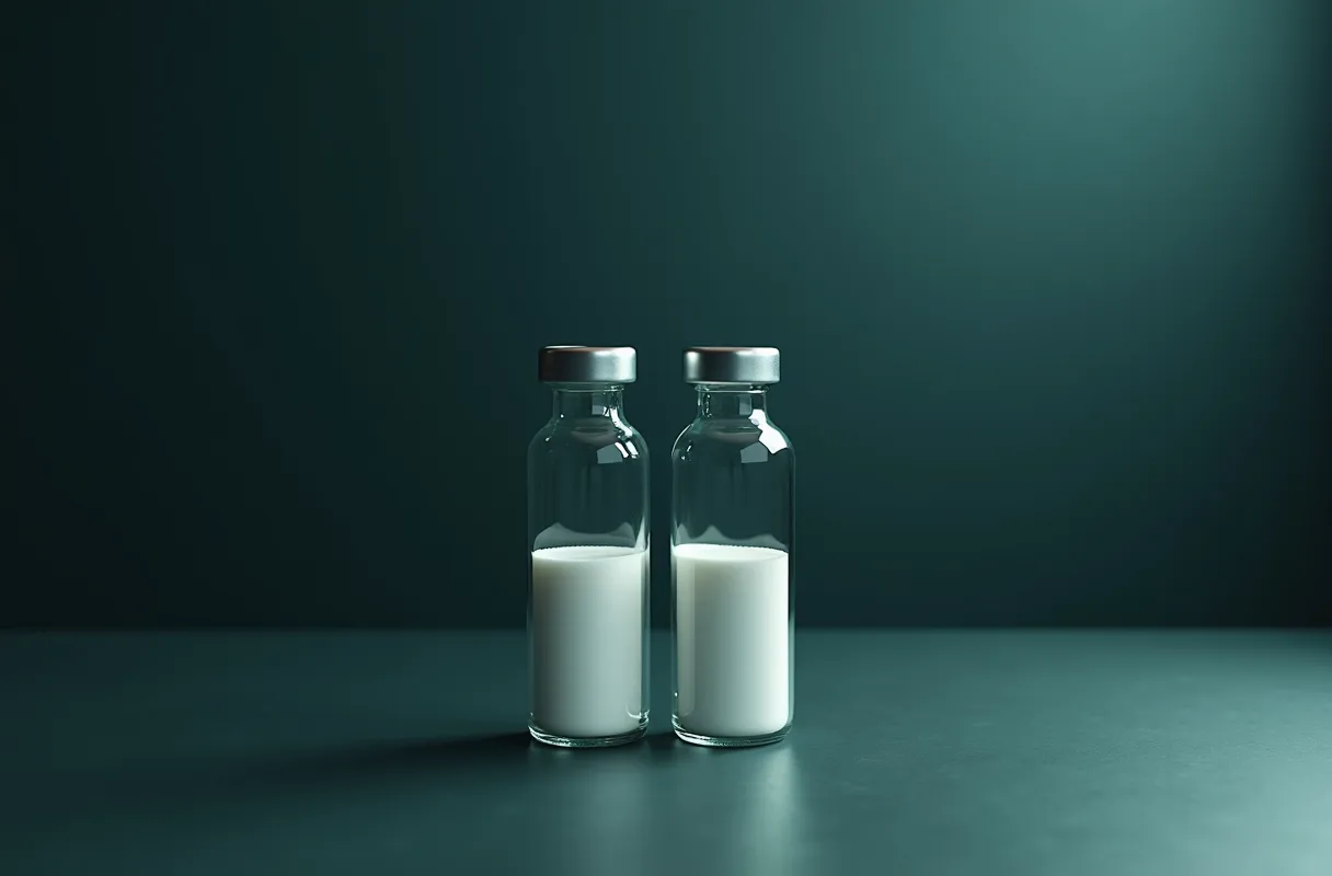 Two sealed vials of white powder on a dark laboratory bench