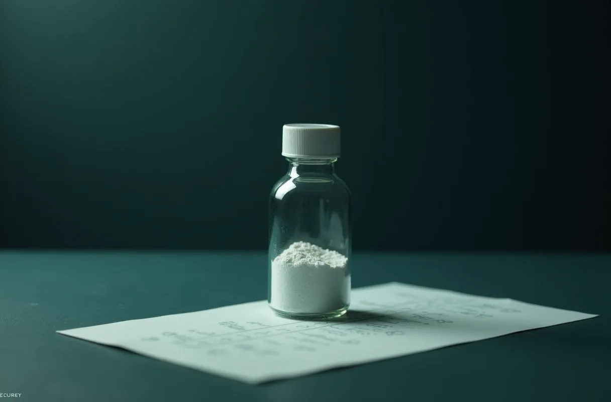 A single sealed vial of white powder under cool directional light