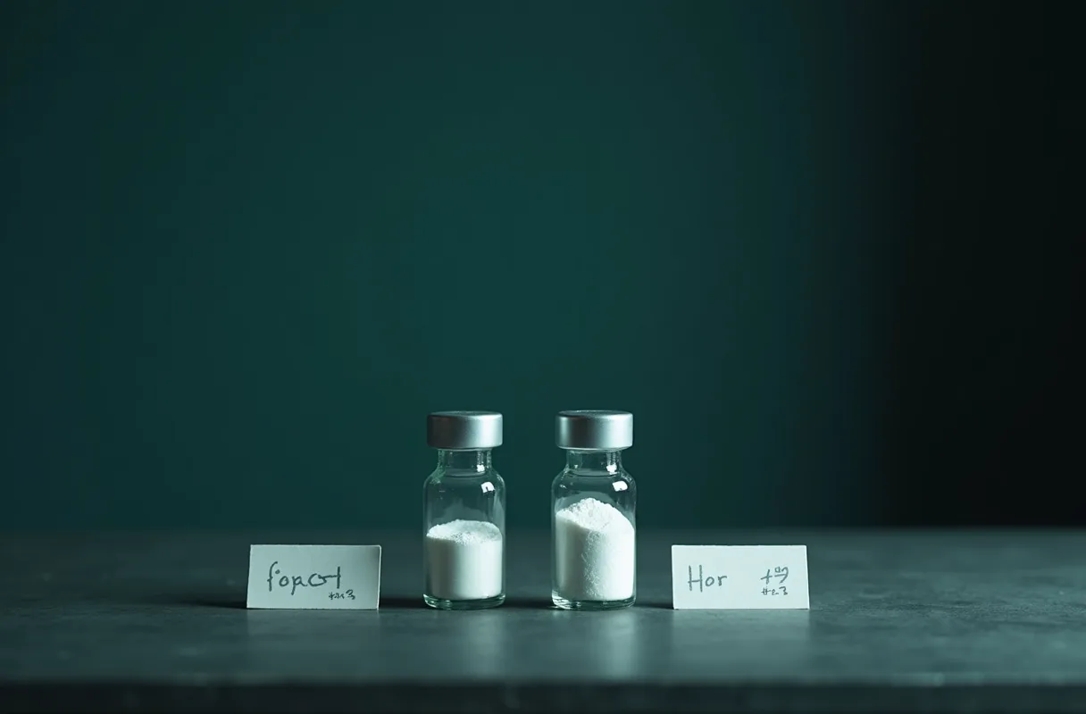Two sealed vials of white powder side by side on a dark bench