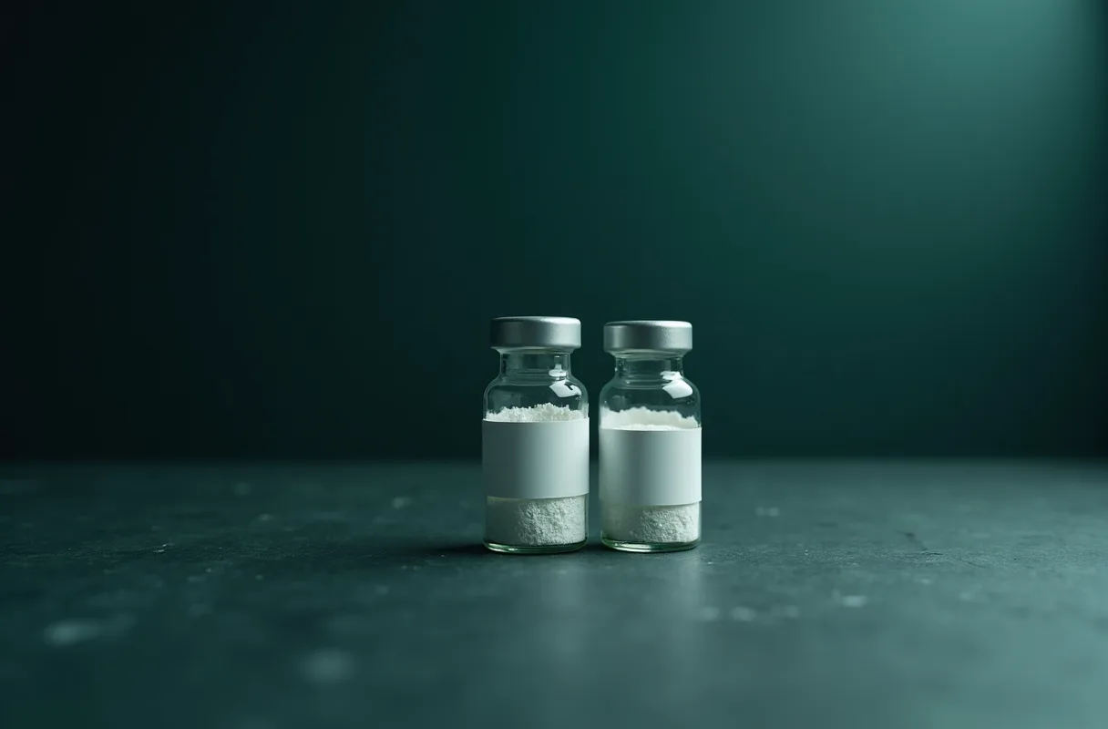 A sealed vial of white powder beside a printed report on a dark bench