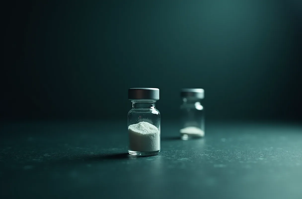 A single sealed vial of white powder on a dark laboratory surface