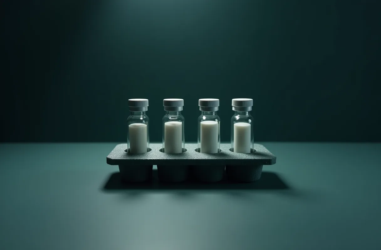 A sealed glass vial of white lyophilised powder on a dark laboratory bench