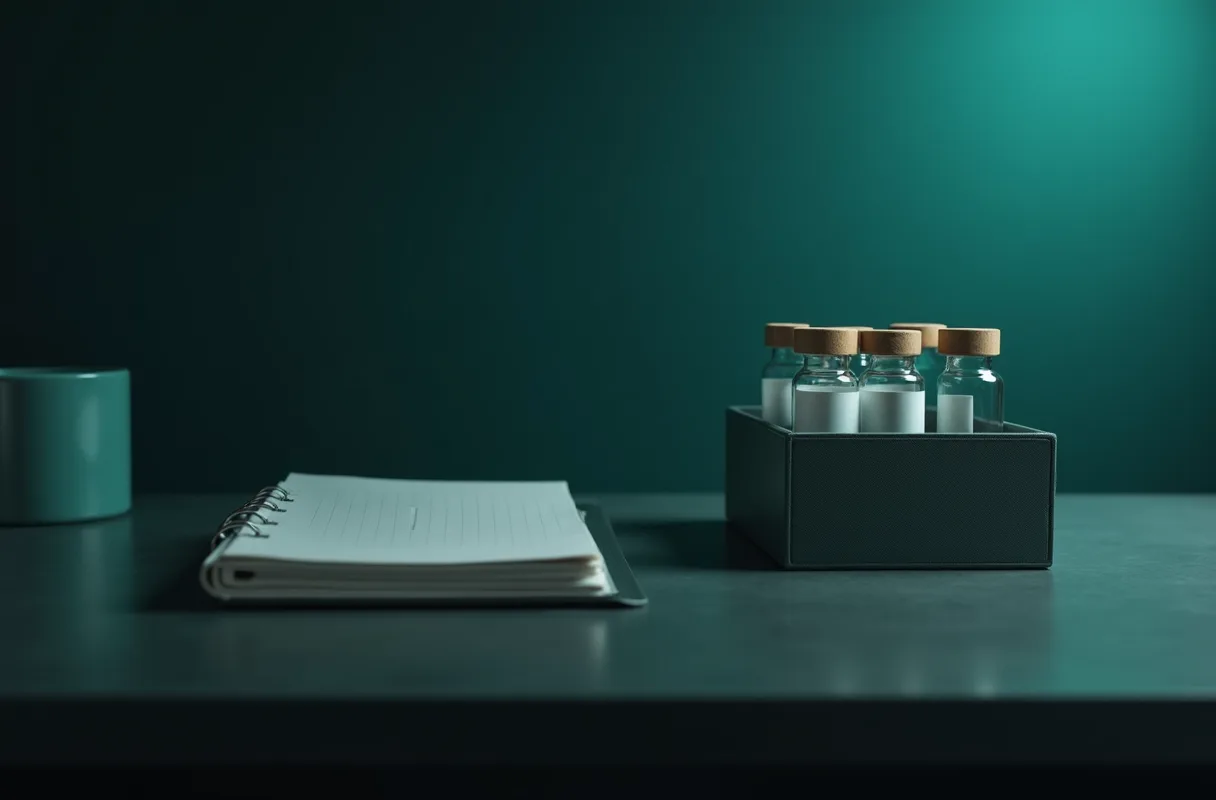 A labelled storage tray of sealed vials beside a logbook