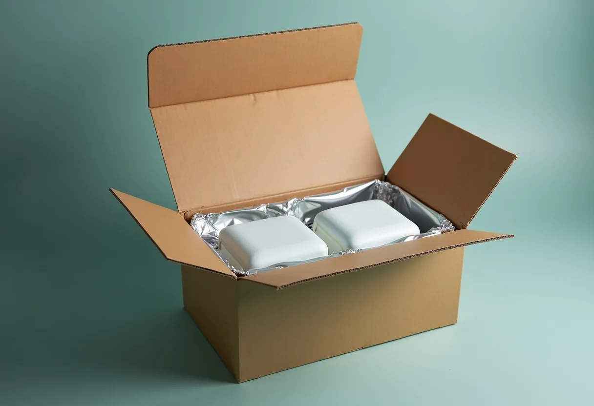 An opened insulated shipping carton with foil lining and coolant packs