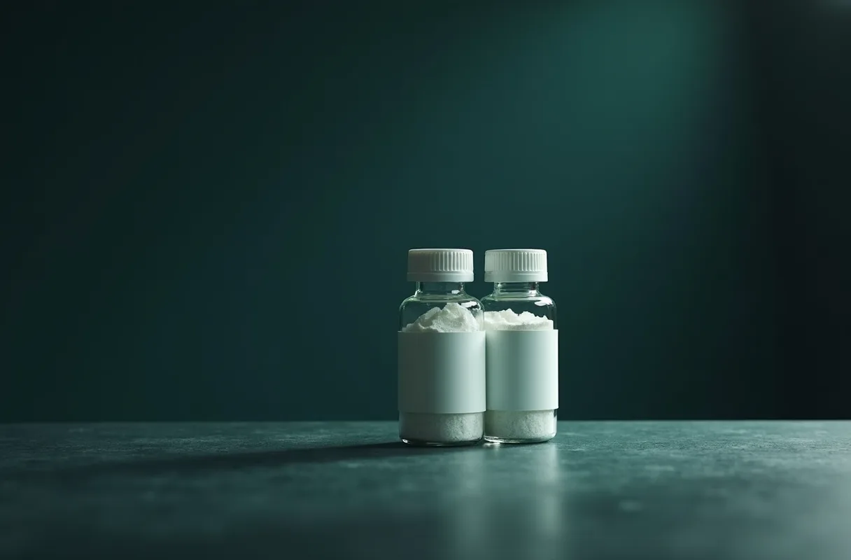 Two similar vials side by side with their labels facing the camera
