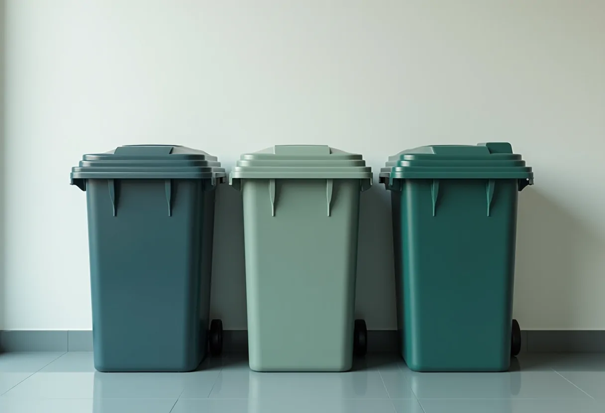 Colour-coded waste containers lined up against a plain wall