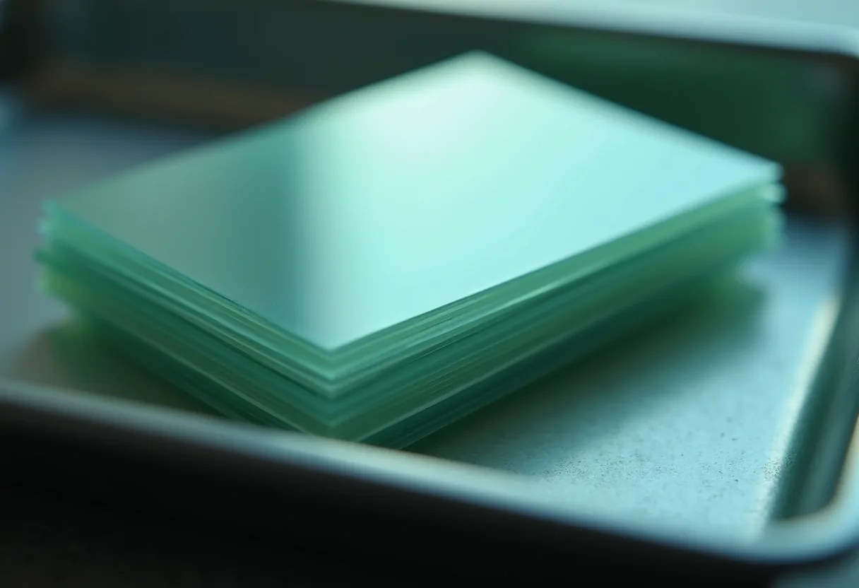 Thin translucent films stacked in a shallow tray