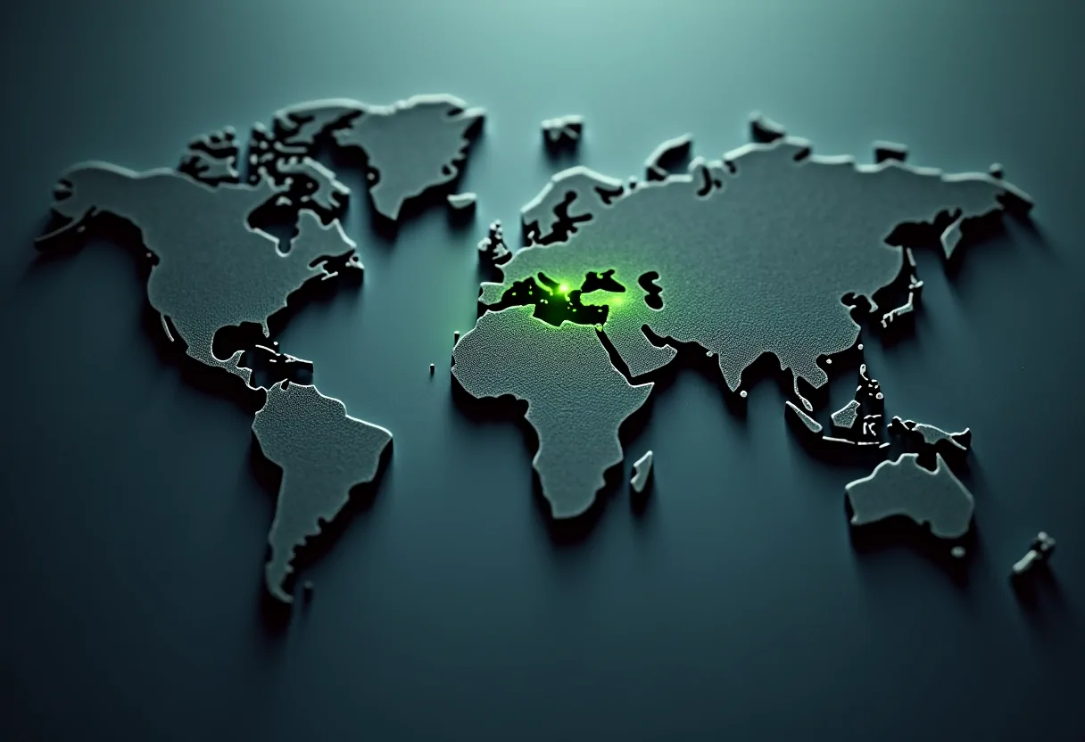 A dark relief world map with a single region lit in green