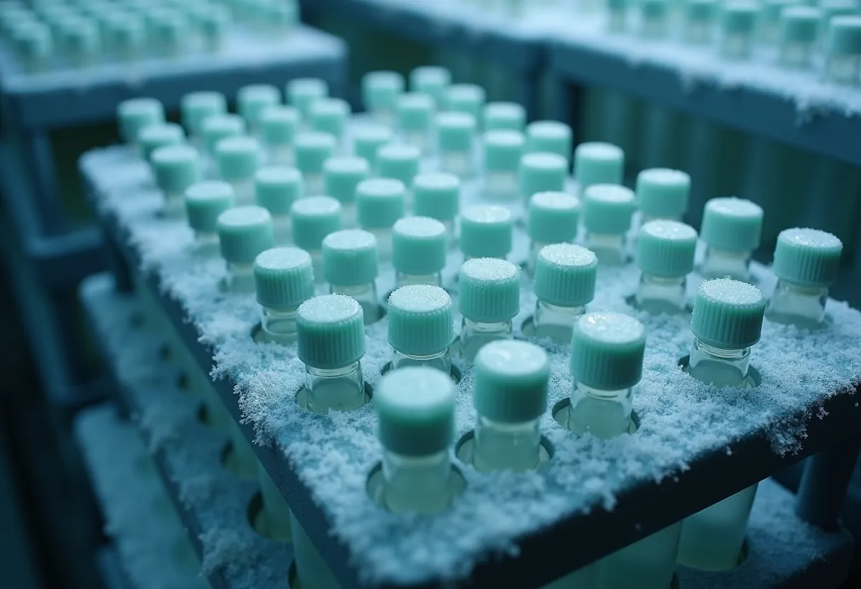 A rack of small cryovials in frosted cold storage