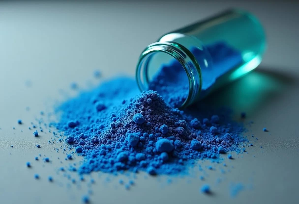 A vial of blue crystalline powder against a cool grey background