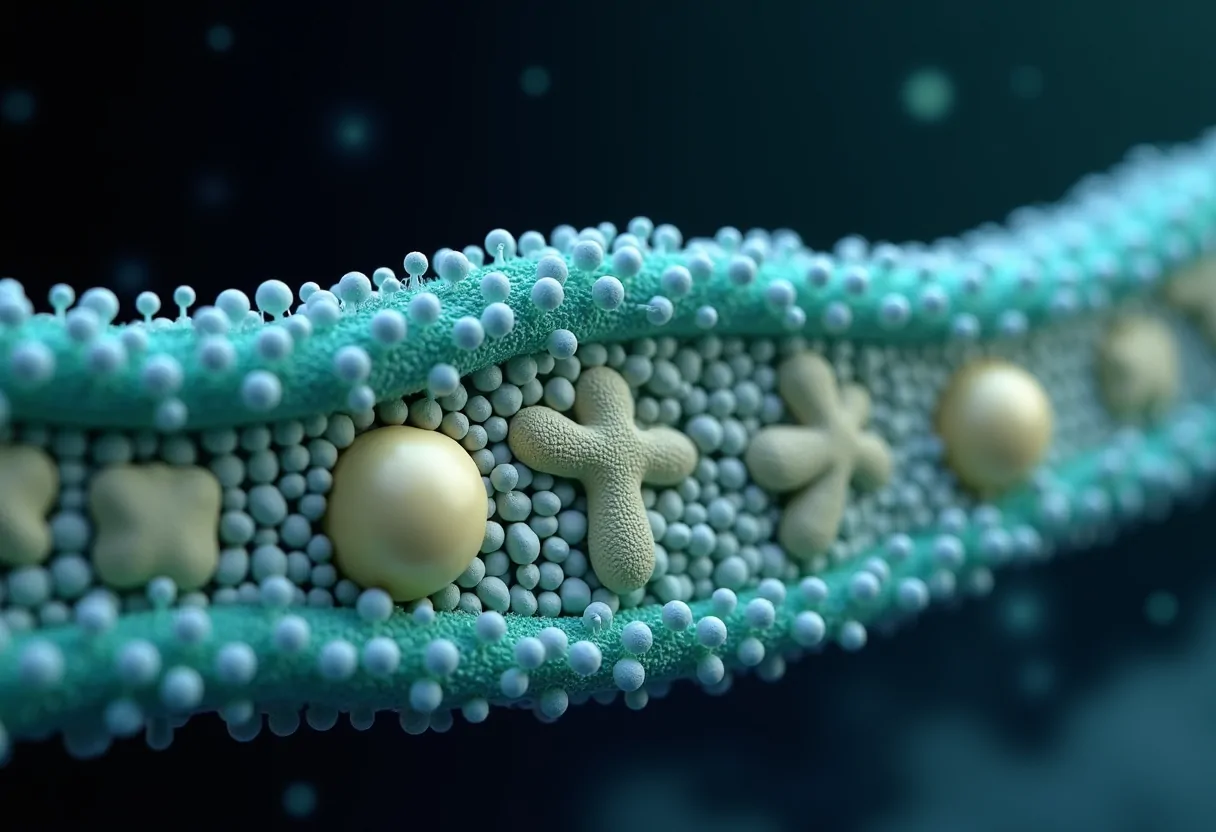A cell membrane cross-section with embedded receptor proteins