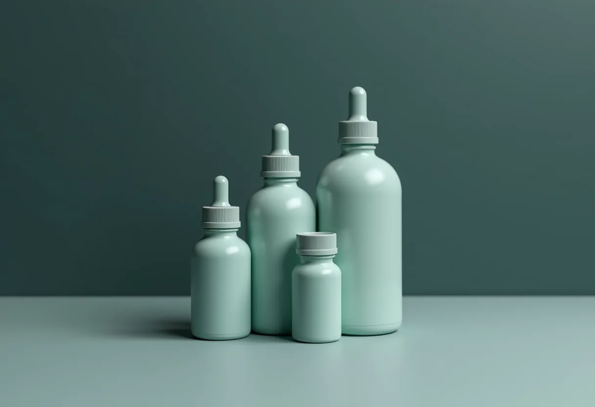 Four distinct vials of differing size grouped on a cool grey surface