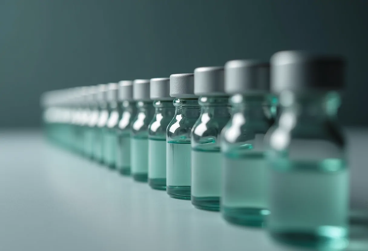 A long row of identical sealed vials receding into focus