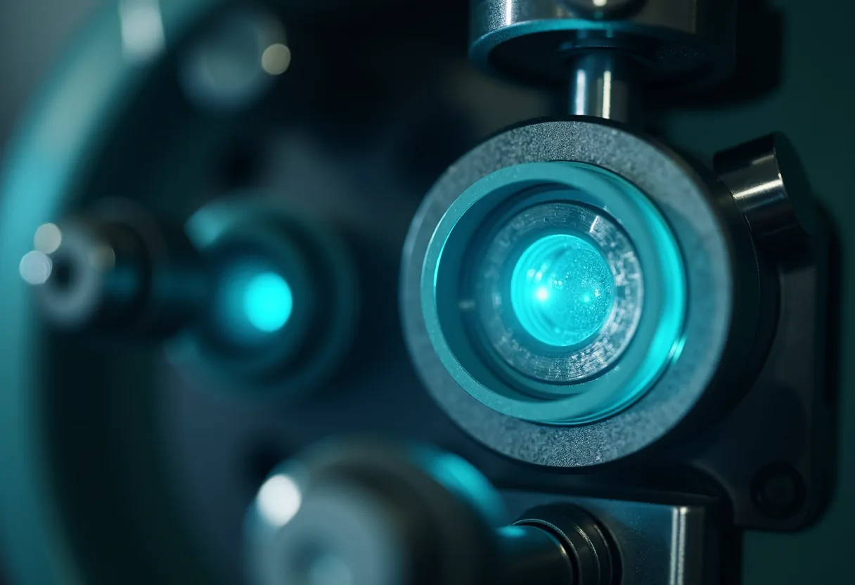 An analytical instrument detail with a cool blue plasma glow