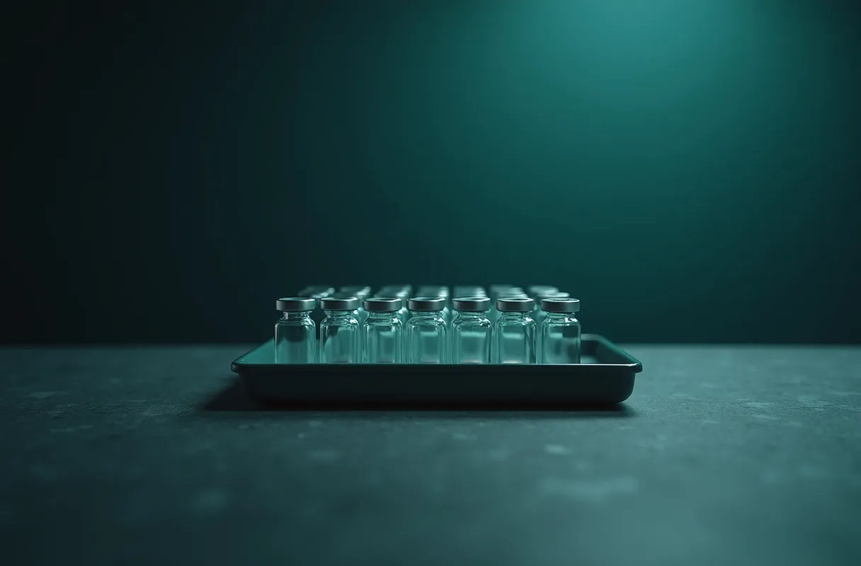 Vials arranged in a storage tray inside a laboratory refrigerator