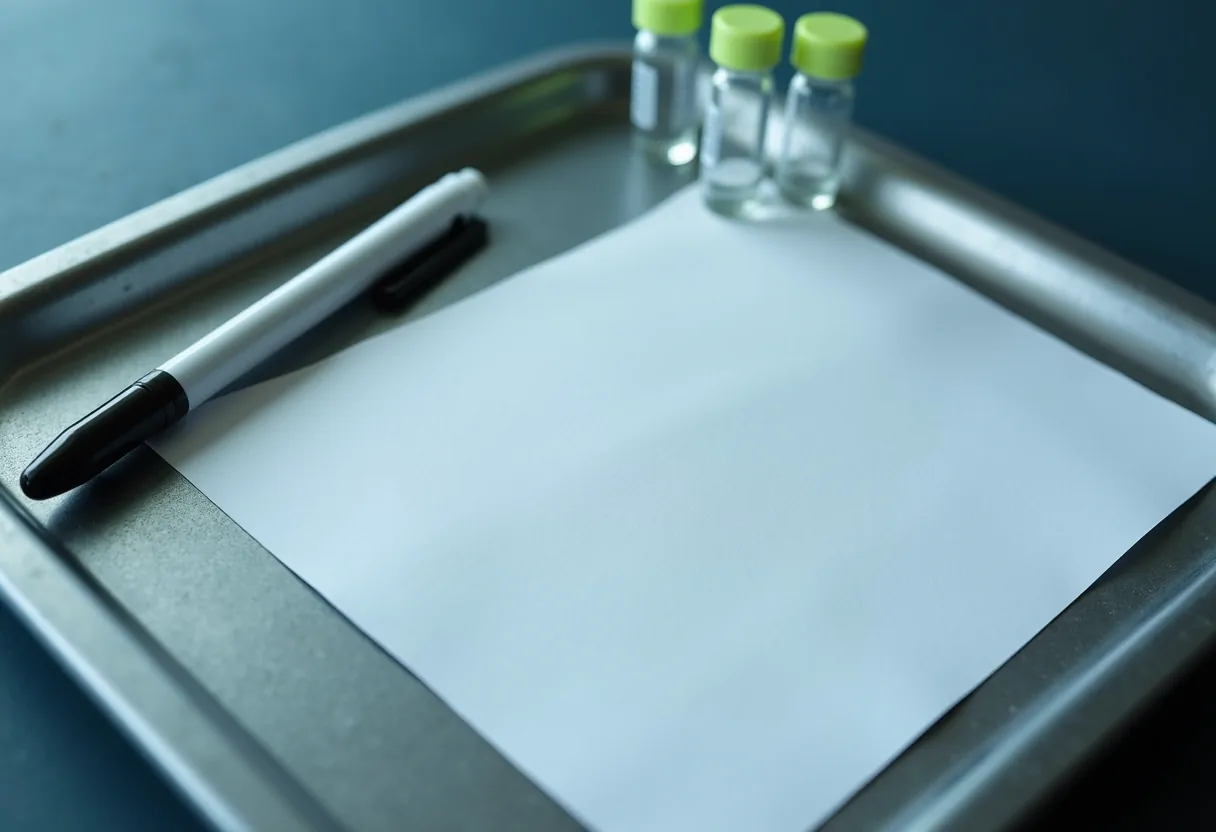 Blank labels and a marker beside small vials on a tray