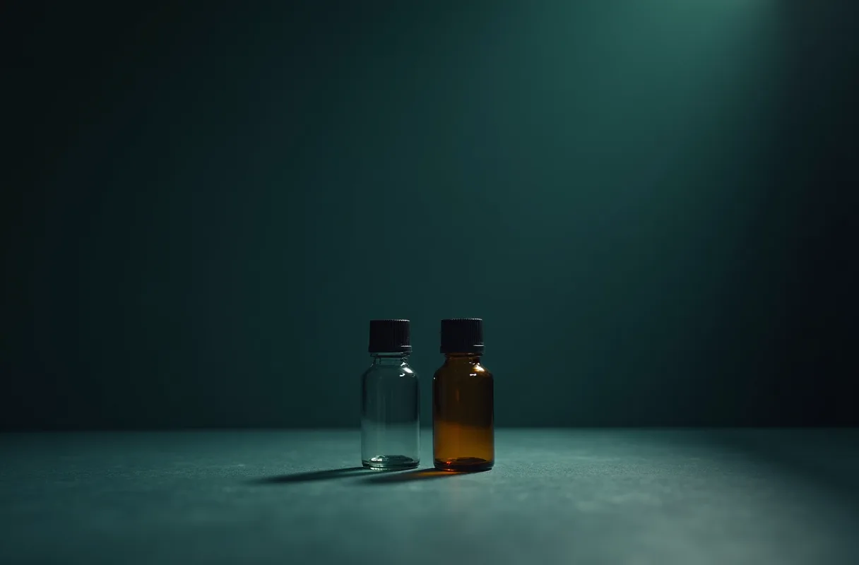 An amber glass vial beside a clear vial on a dark bench
