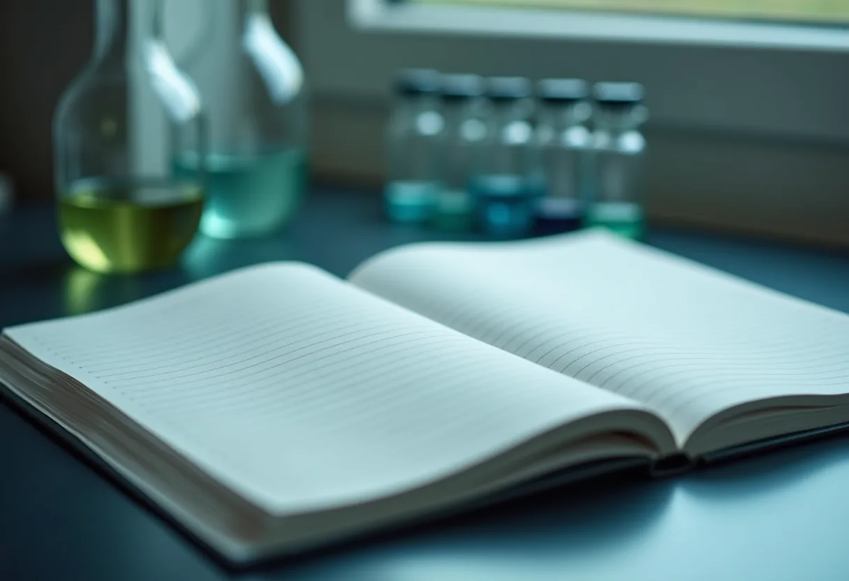 An open record book on a bench beside laboratory glassware