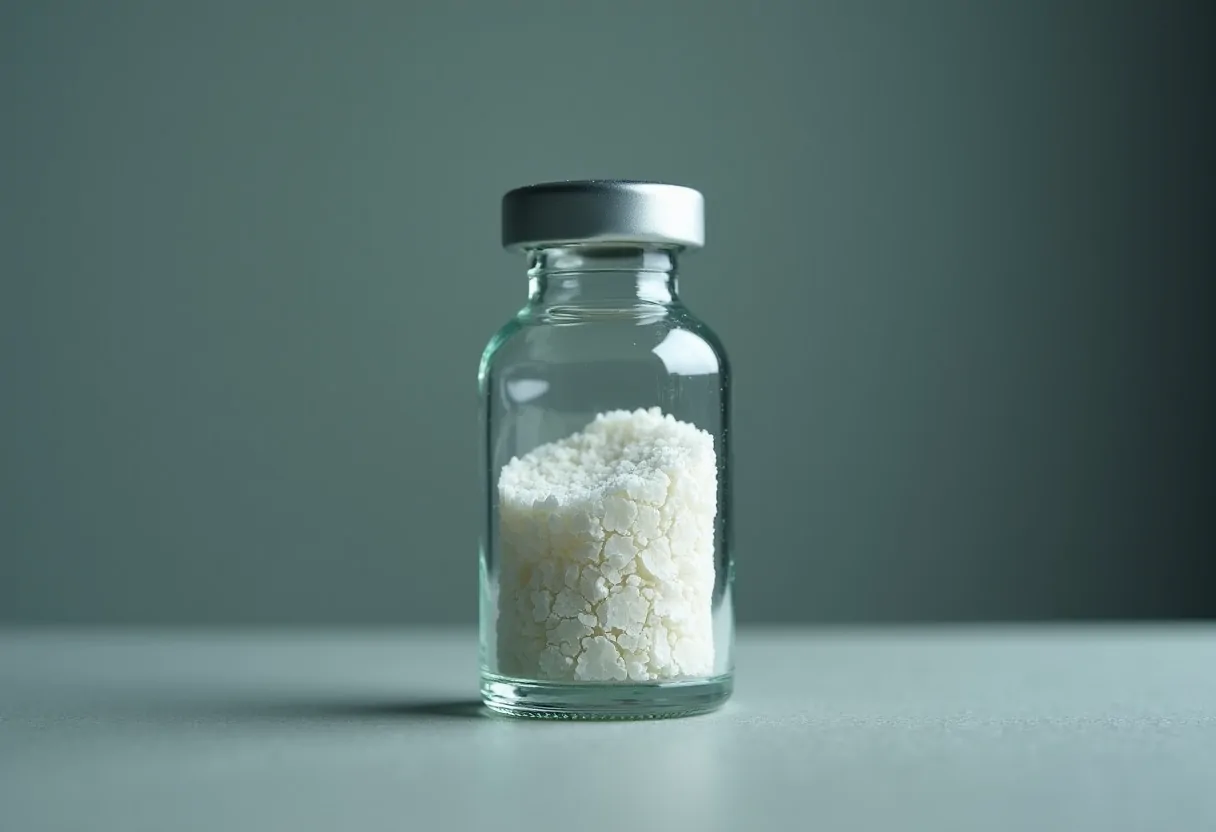 A white lyophilised cake inside a clear glass vial