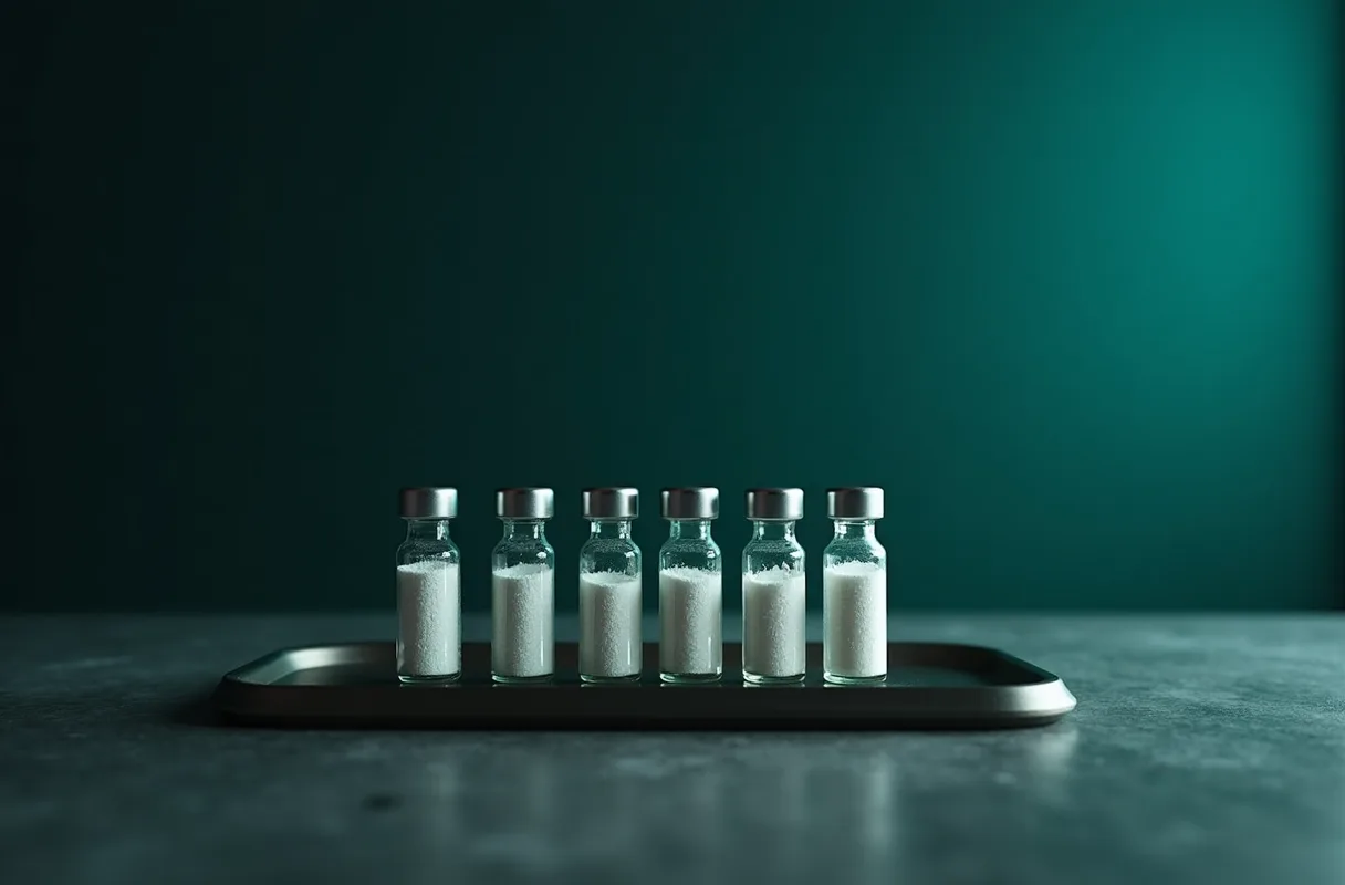 Several sealed vials arranged in a row on a pale surface