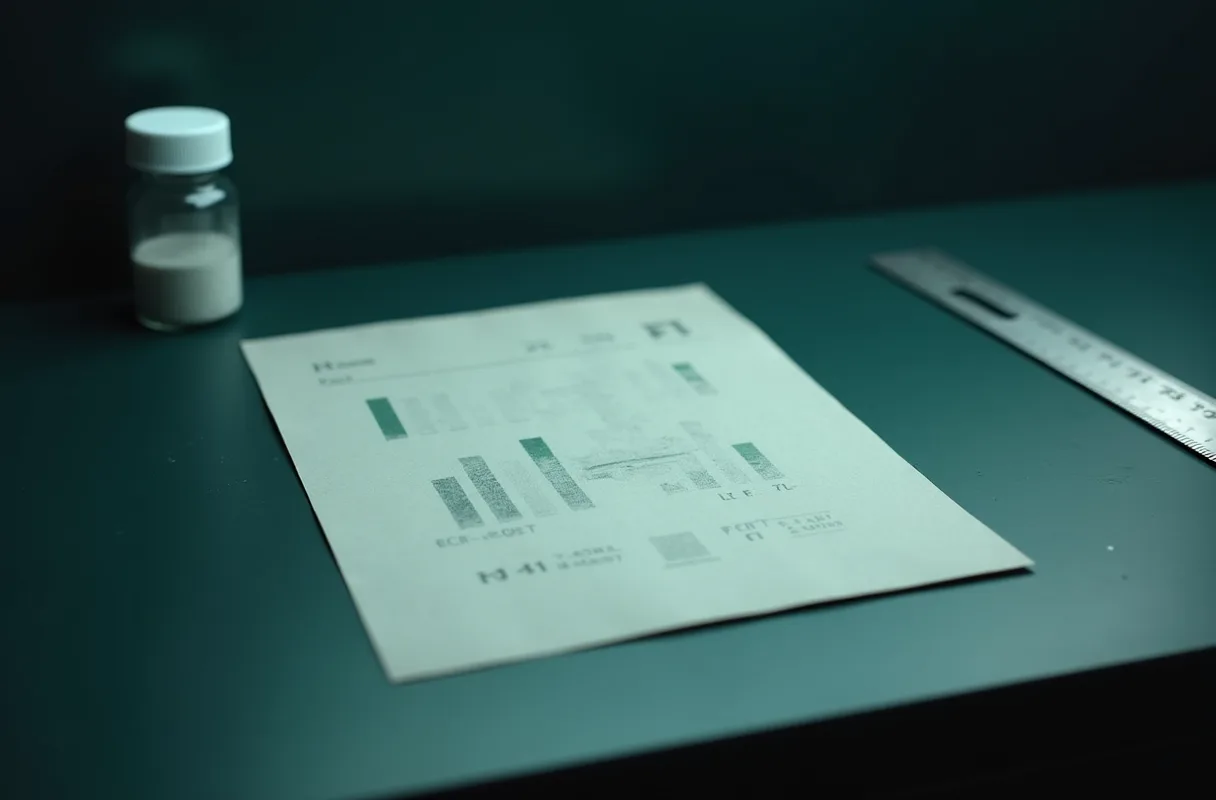 A printed data sheet beside a sealed vial on a dark laboratory bench