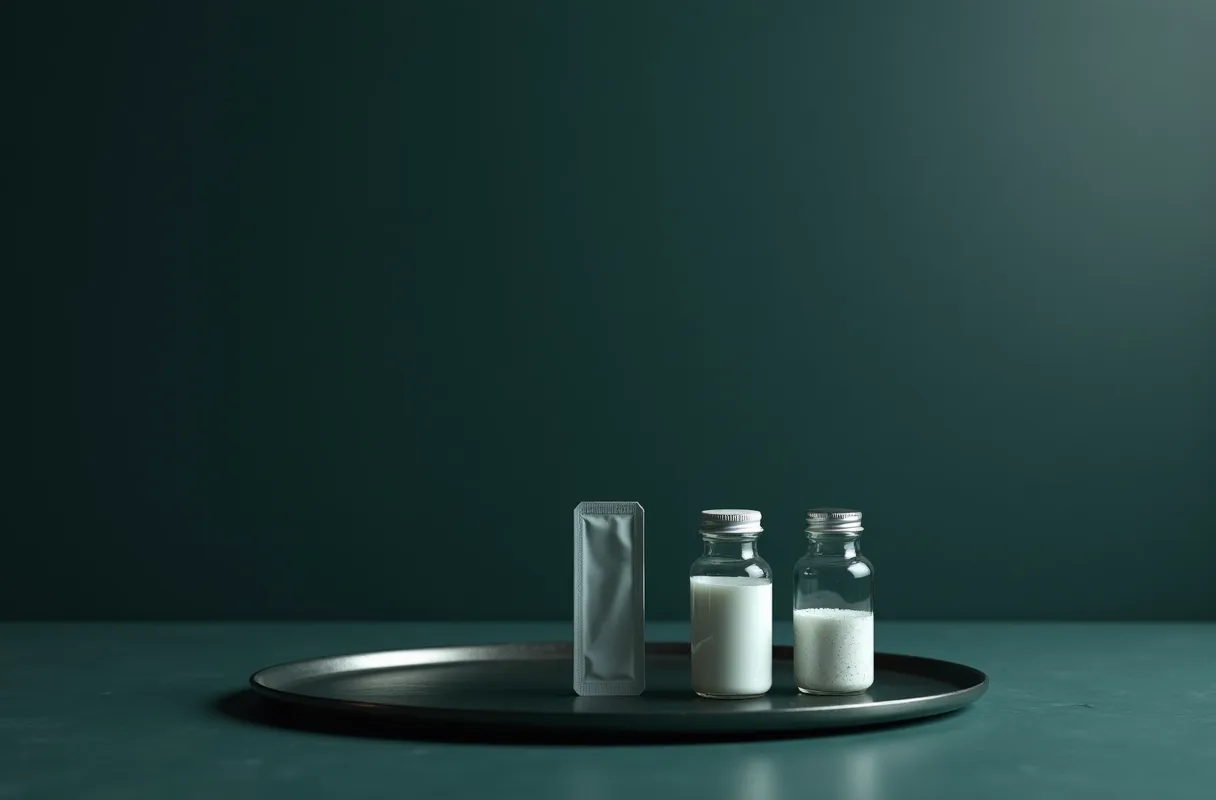 A vial, a spray bottle and a flat pack arranged on a dark bench