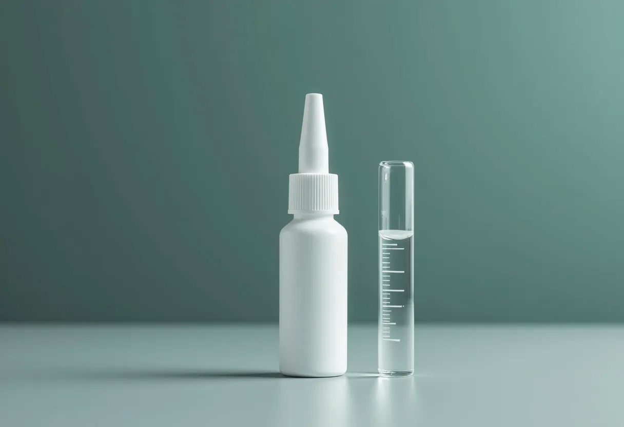 A metered spray bottle beside a measuring cylinder on a pale bench