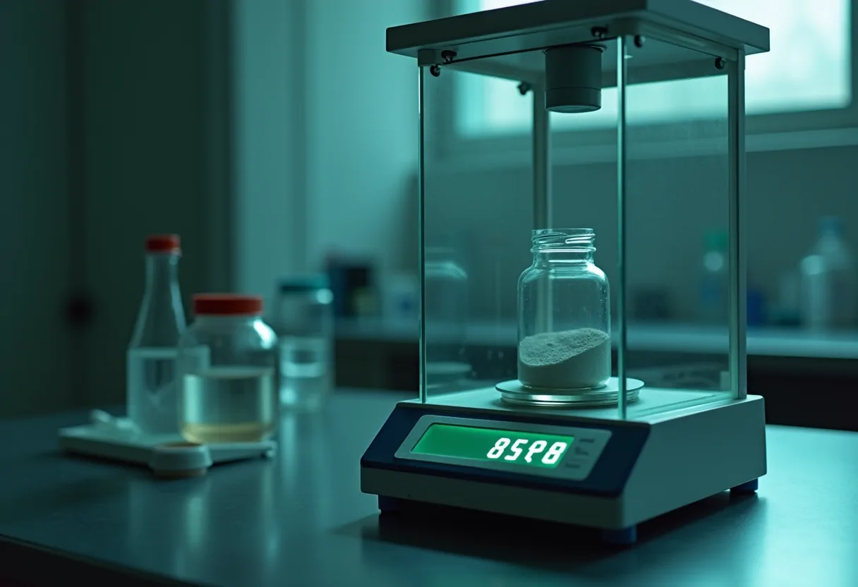 An analytical balance display beside a sealed lyophilised vial