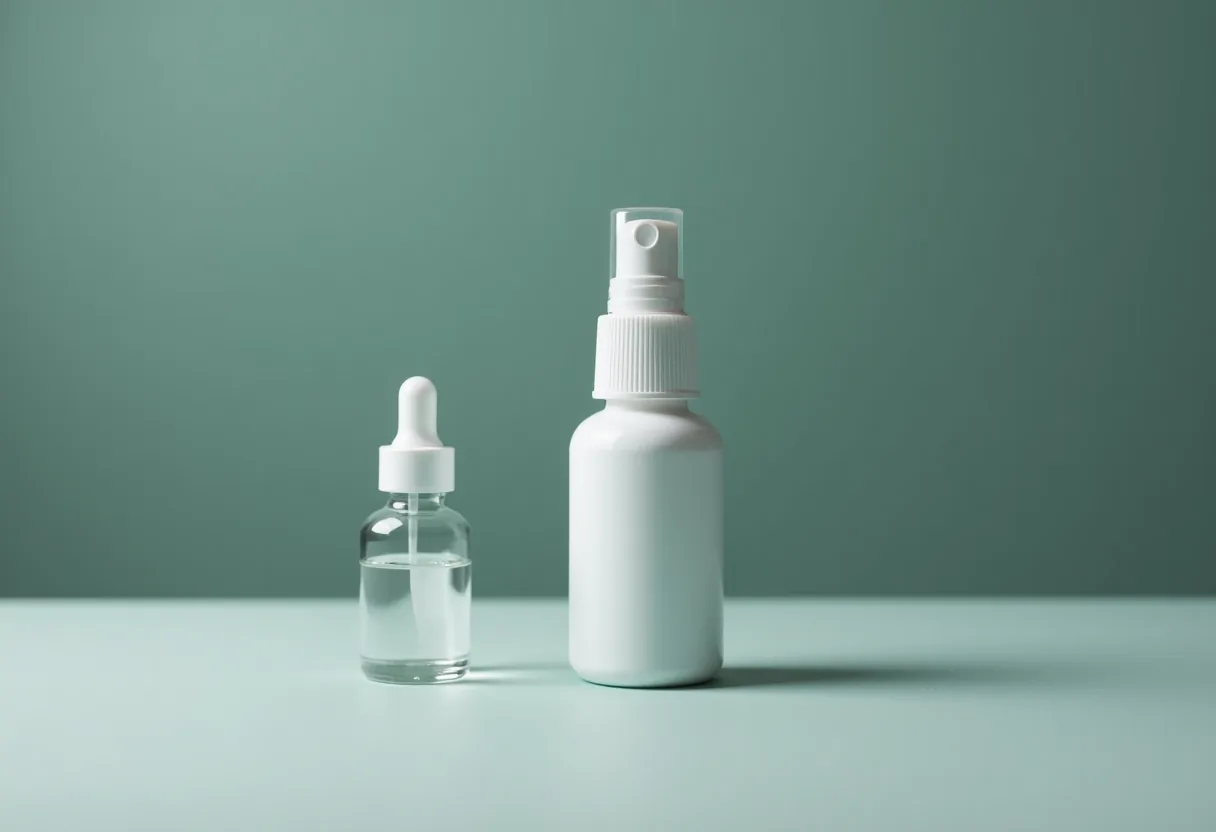A nasal spray bottle and a sealed vial on a pale grey surface