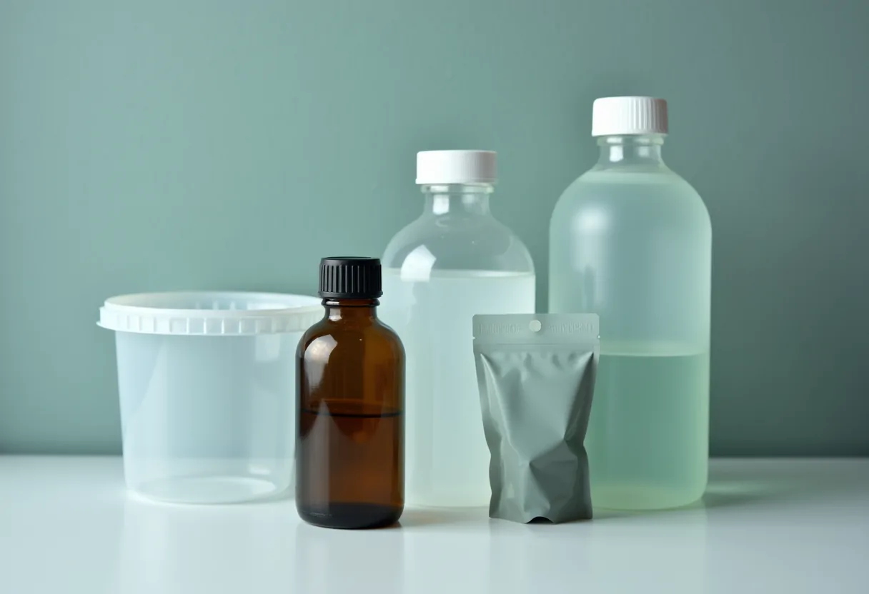 Assorted containers of differing shape and size grouped on a pale bench