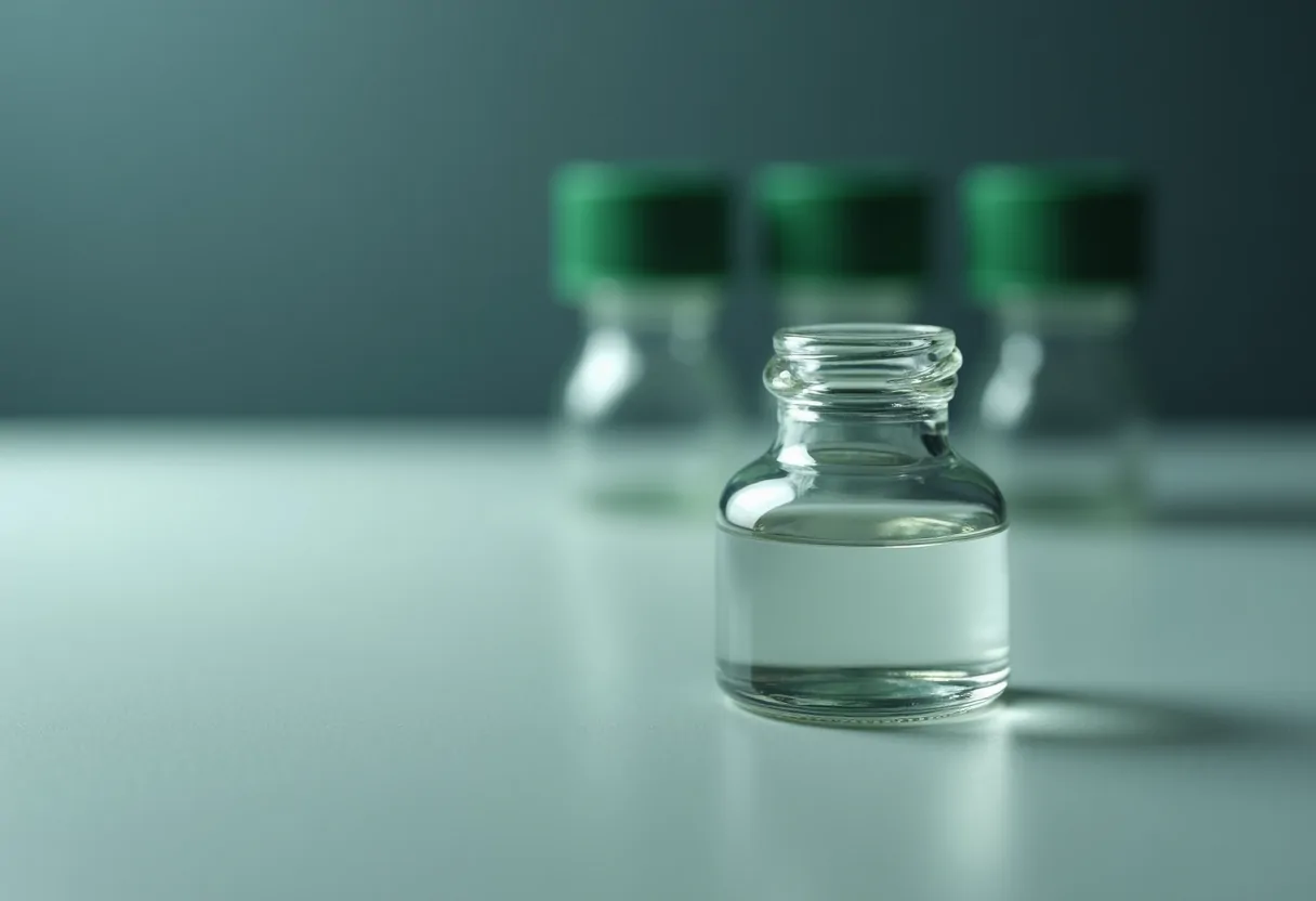 One vial standing apart from a cluster of three others
