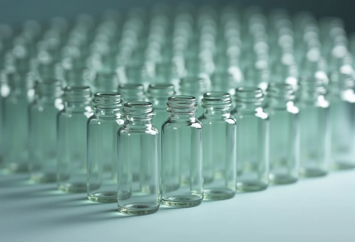 Rows of uniform glass vials arranged in a grid
