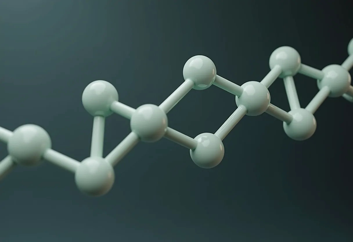 A ball-and-stick molecular chain model against dark grey
