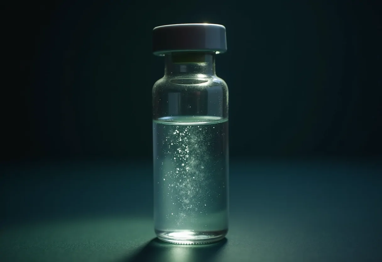 A vial of liquid showing faint undissolved particulate in side light