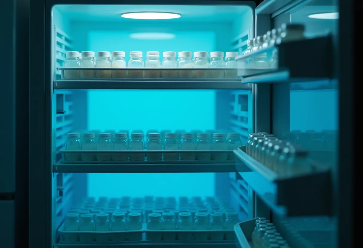 An open laboratory refrigerator holding trays of vials