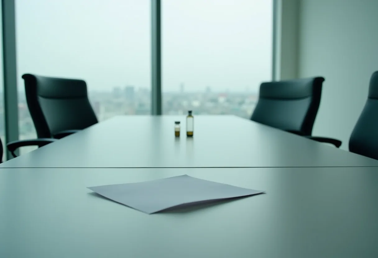 An empty meeting table with a vial and a blank sheet