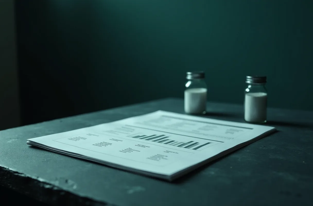 A printed laboratory certificate lying flat beside a sealed vial of white powder