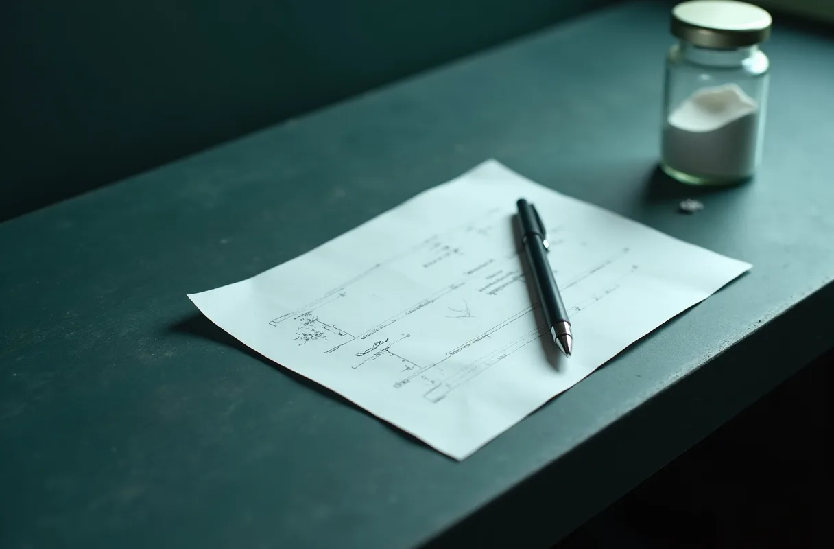 A printed quotation on a desk beside a sealed vial and a pen