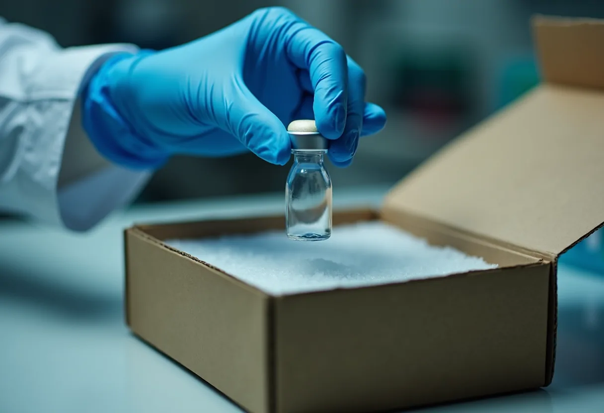 A gloved hand lifting a vial from a packed shipping box
