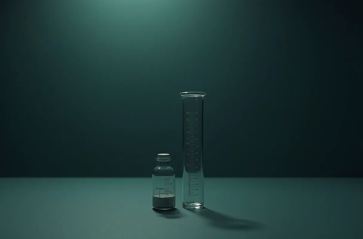 A clear solvent bottle beside a sealed vial of white powder on a pale bench