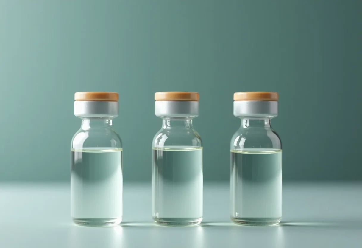 Three laboratory diluent vials side by side on a pale surface
