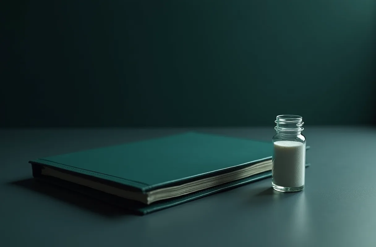 A closed binder and a sealed vial on a clean desk
