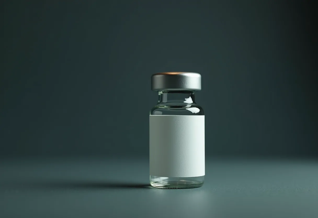 A sealed vial with a blank label band, shot in macro