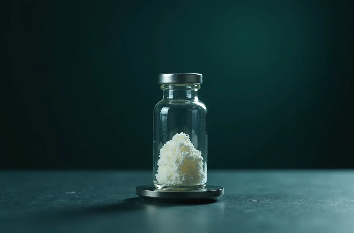 A sealed vial of white freeze-dried powder on a cool grey laboratory surface